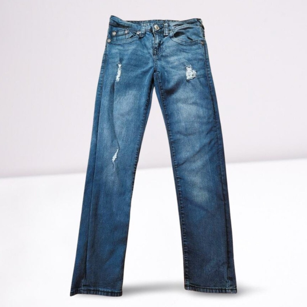 True Religion Geno Relaxed‎ Slim Men Jeans Dark Wash Distressed Size 34